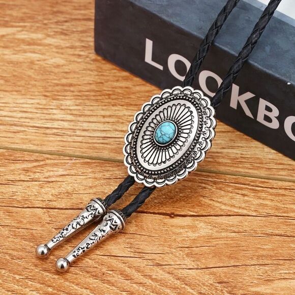 Turquoise Stone Oval Concho Bolo Tie Mens Casual Western Cowboy Accessory New - Picture 3 of 4
